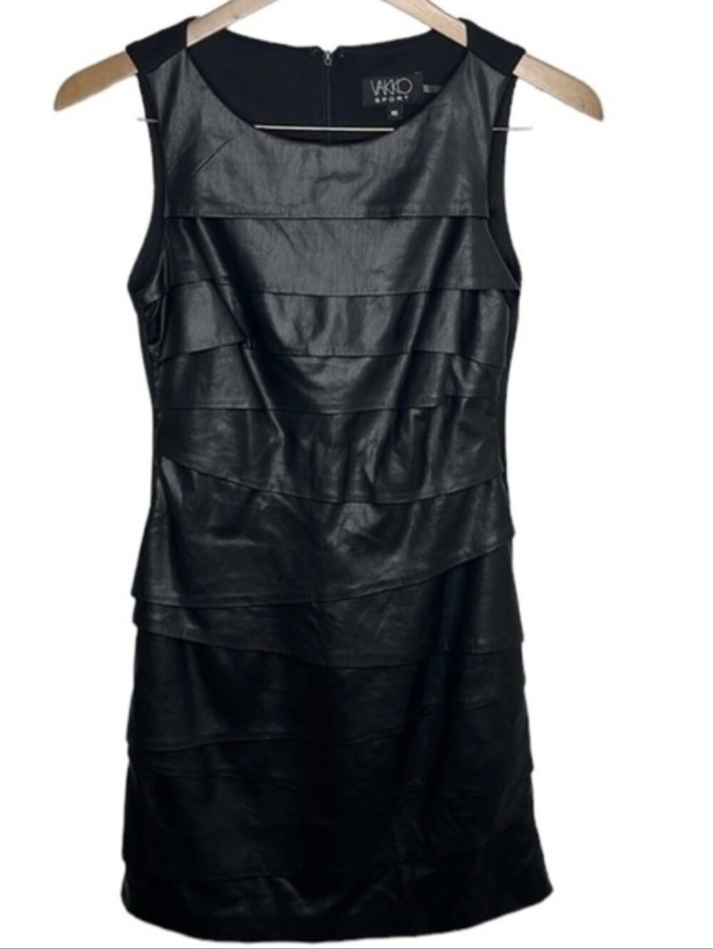 Vakko Sport Black Vegan Leather Tiered Mini Dress Women Size XS
